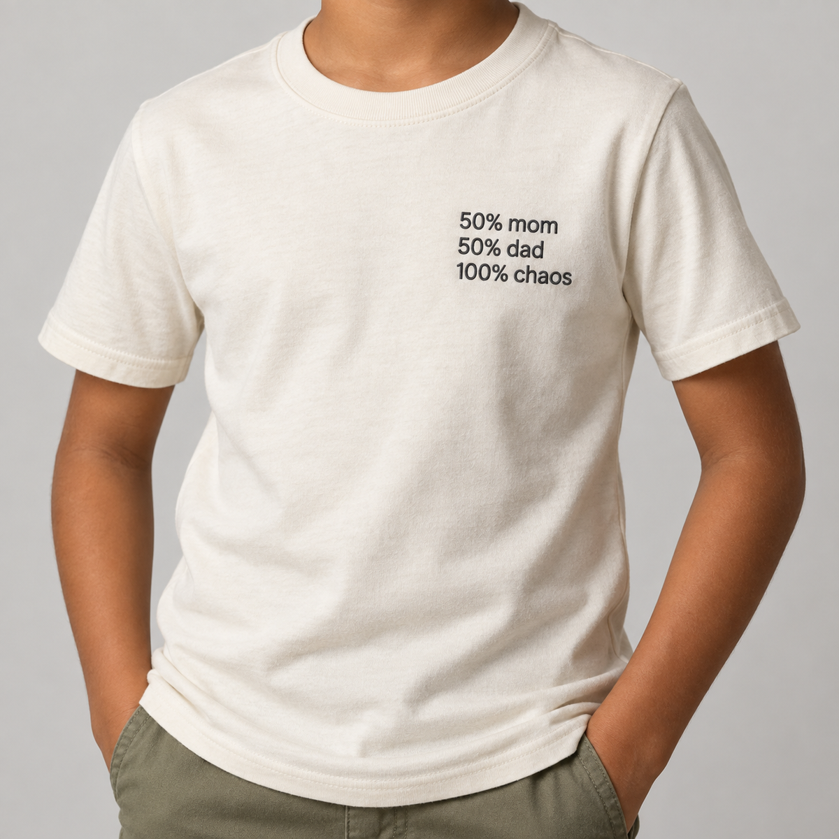 CHAOS — Youth Heather Dust shirt, model front view