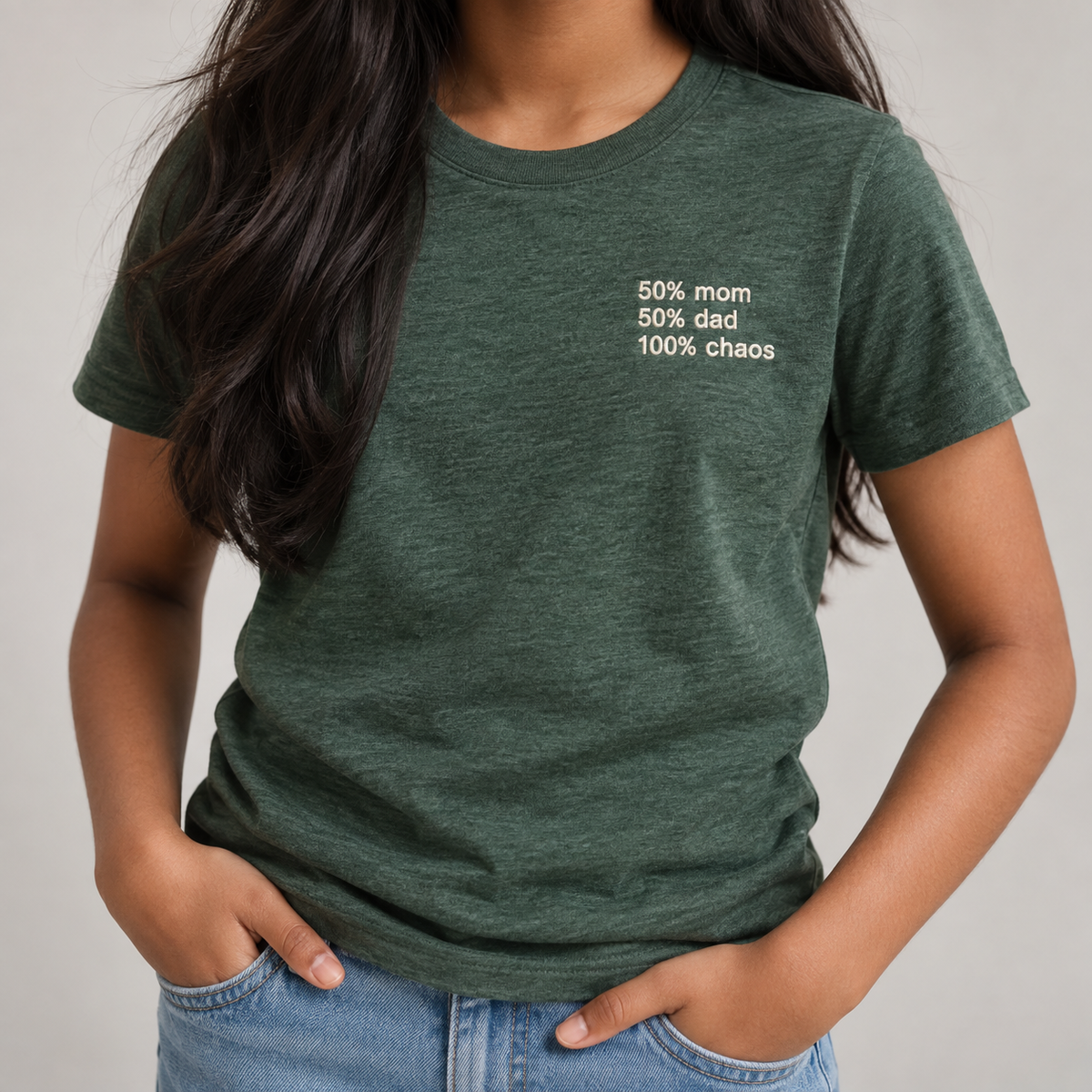 CHAOS - Youth Heather Forest shirt, model front view
