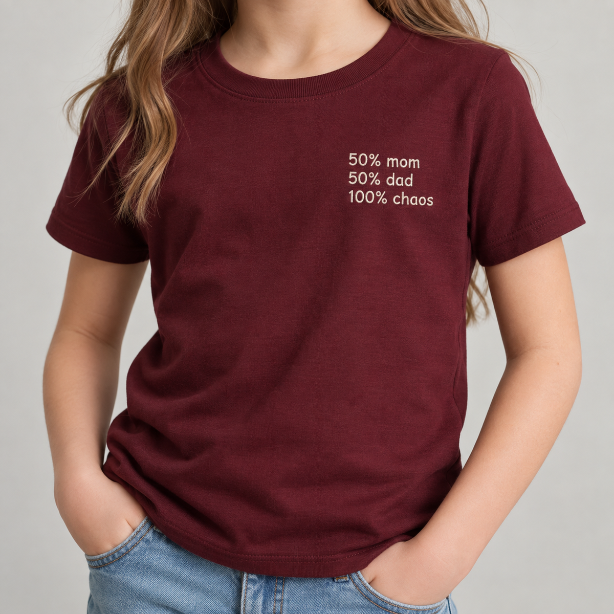 CHAOS - Youth Maroon shirt, model front view
