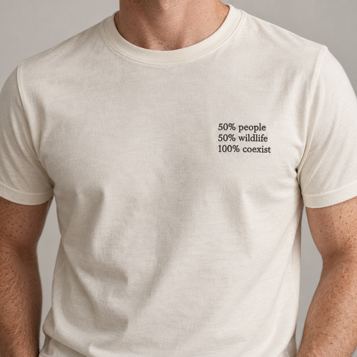 COEXIST- Heather Dust shirt, model front view