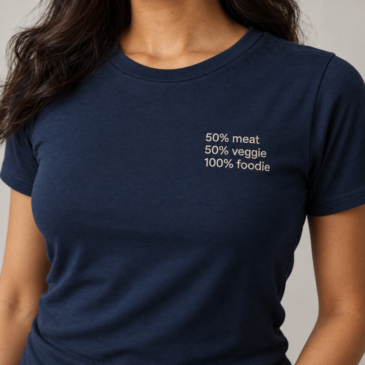 FOODIE — Navy shirt, model front view