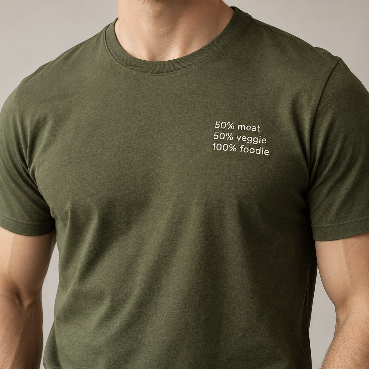FOODIE — Olive shirt, model front view