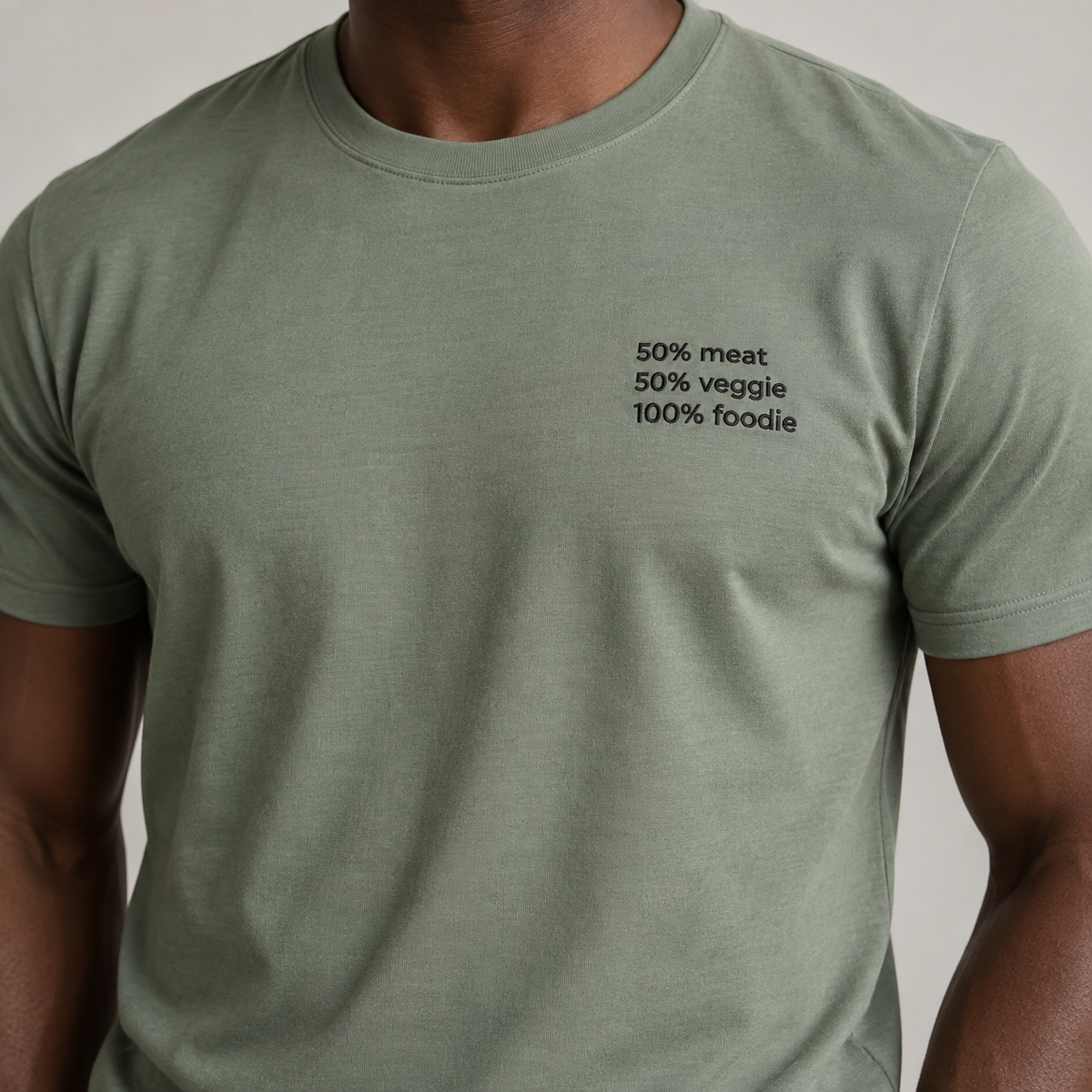 FOODIE — Sage shirt, model front view