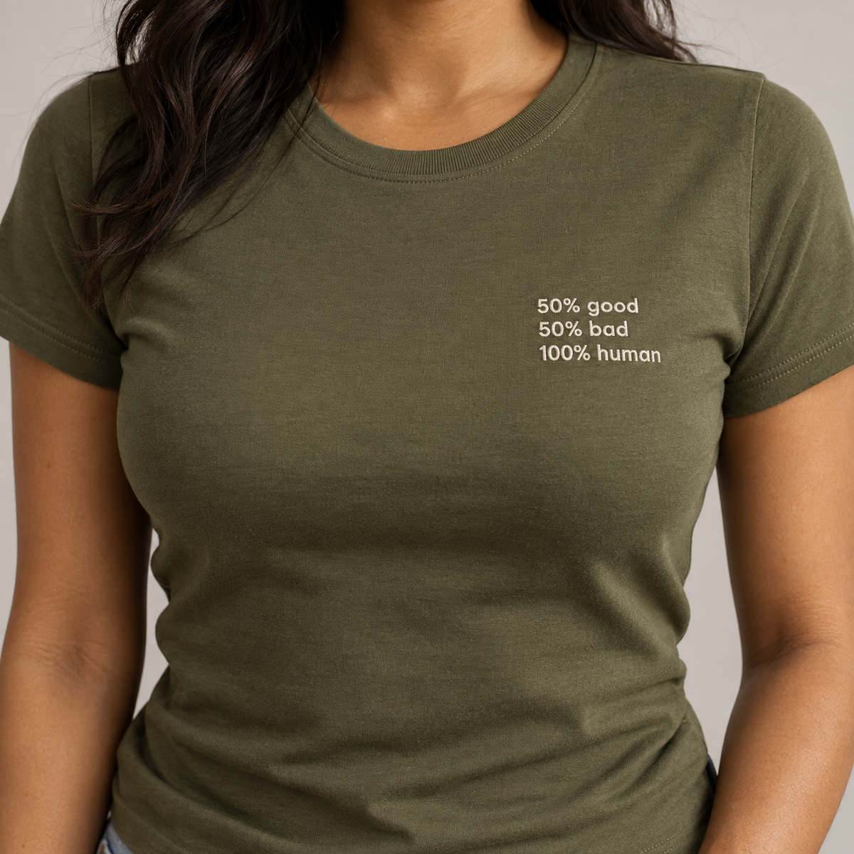 HUMAN - Olive shirt, model front view