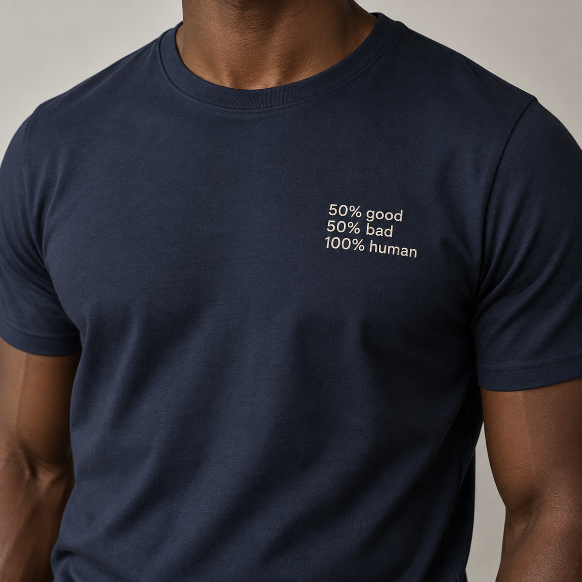 HUMAN - Heather Navy shirt, model front view