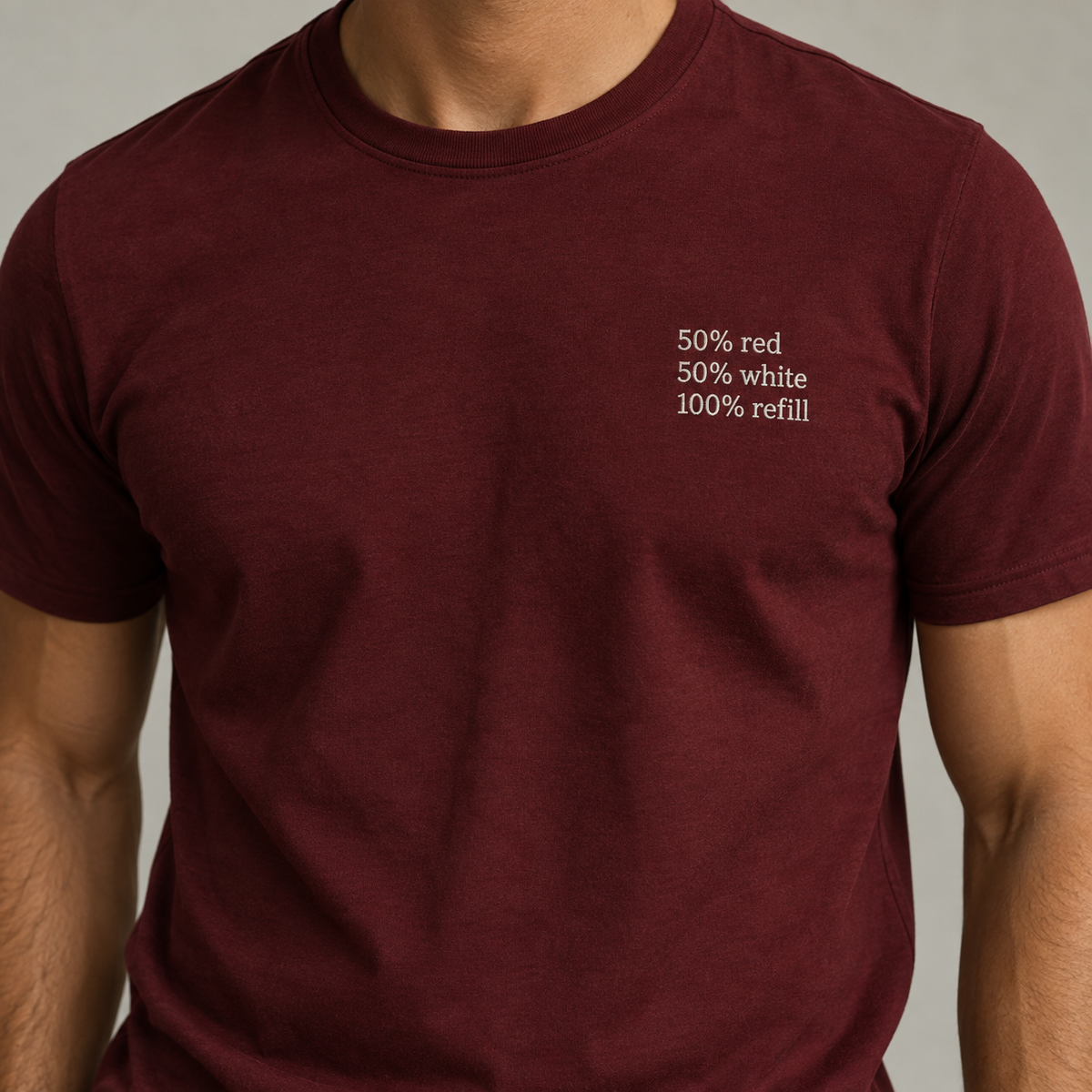 REFILL - Maroon shirt, model front view