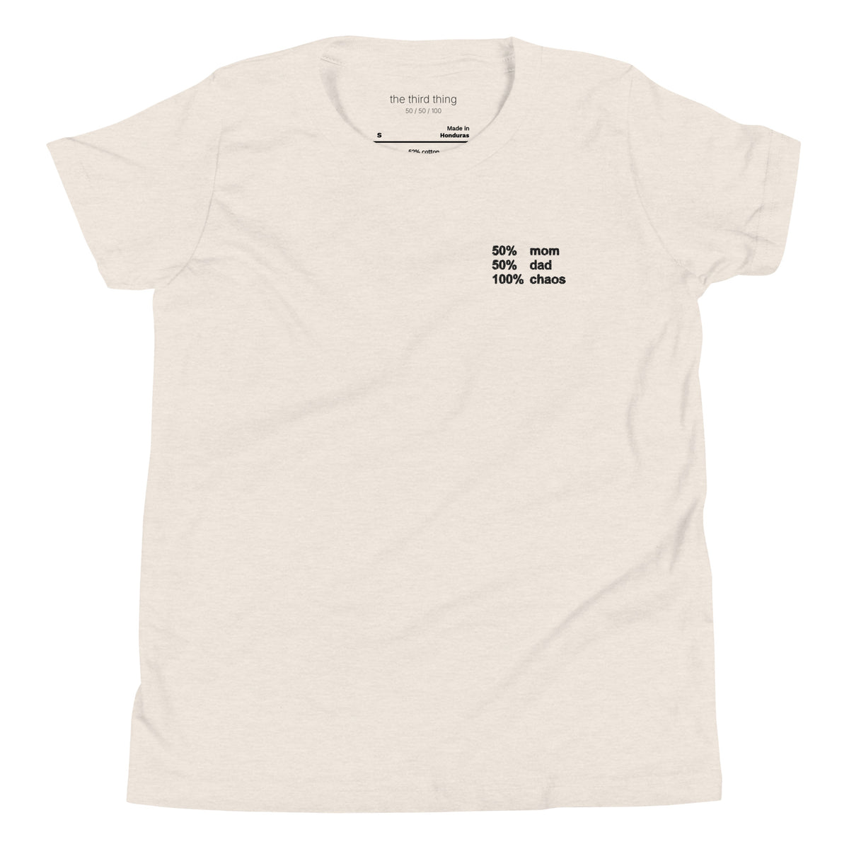 CHAOS - Youth Heather Dust shirt, product mockup front view