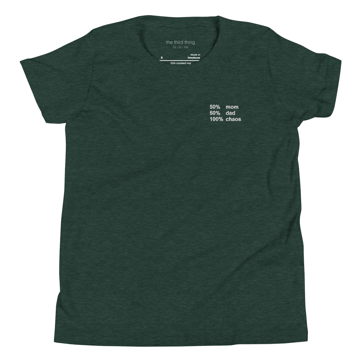 CHAOS - Youth Heather Forest shirt, product mockup front view