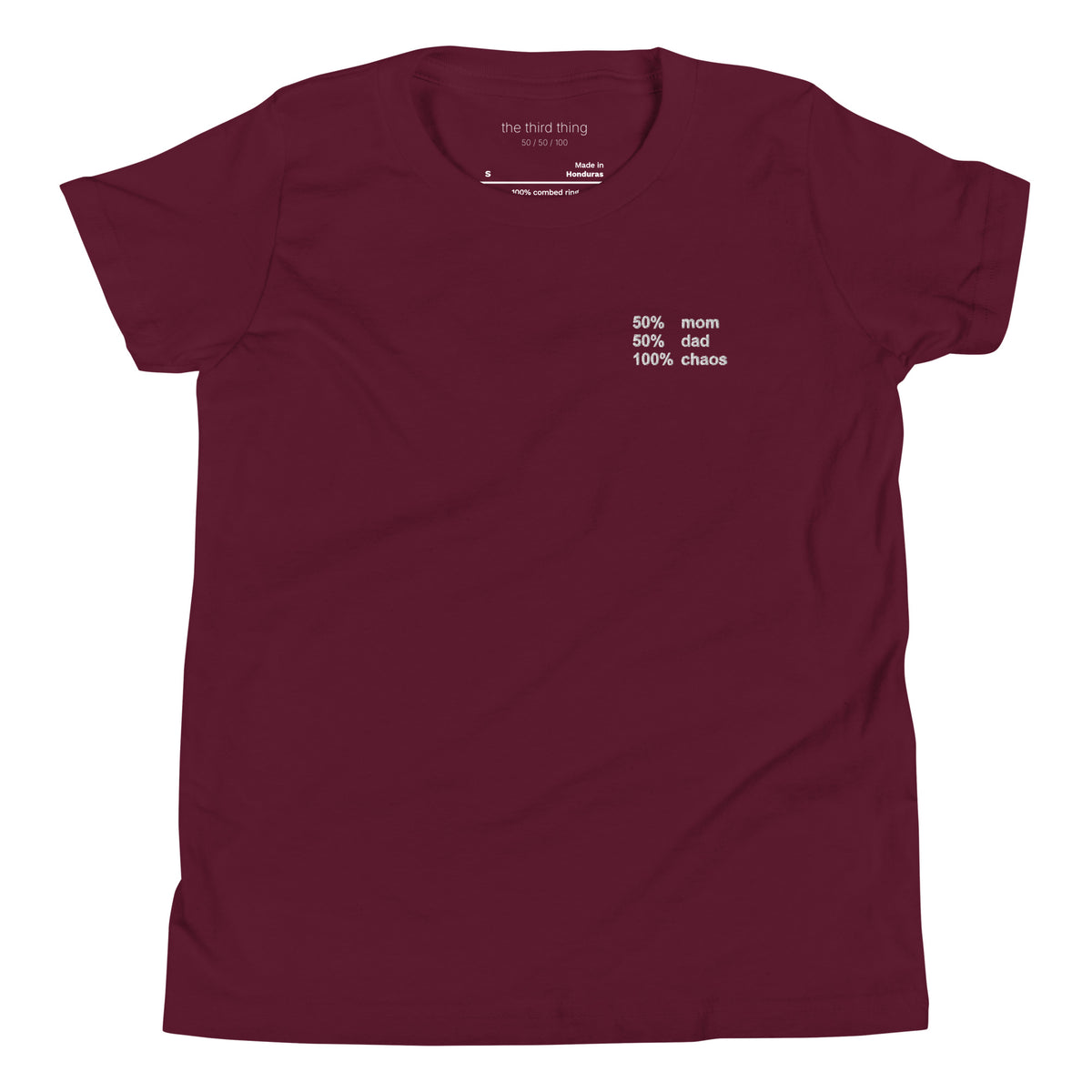 CHAOS - Youth Maroon shirt, product mockup front view